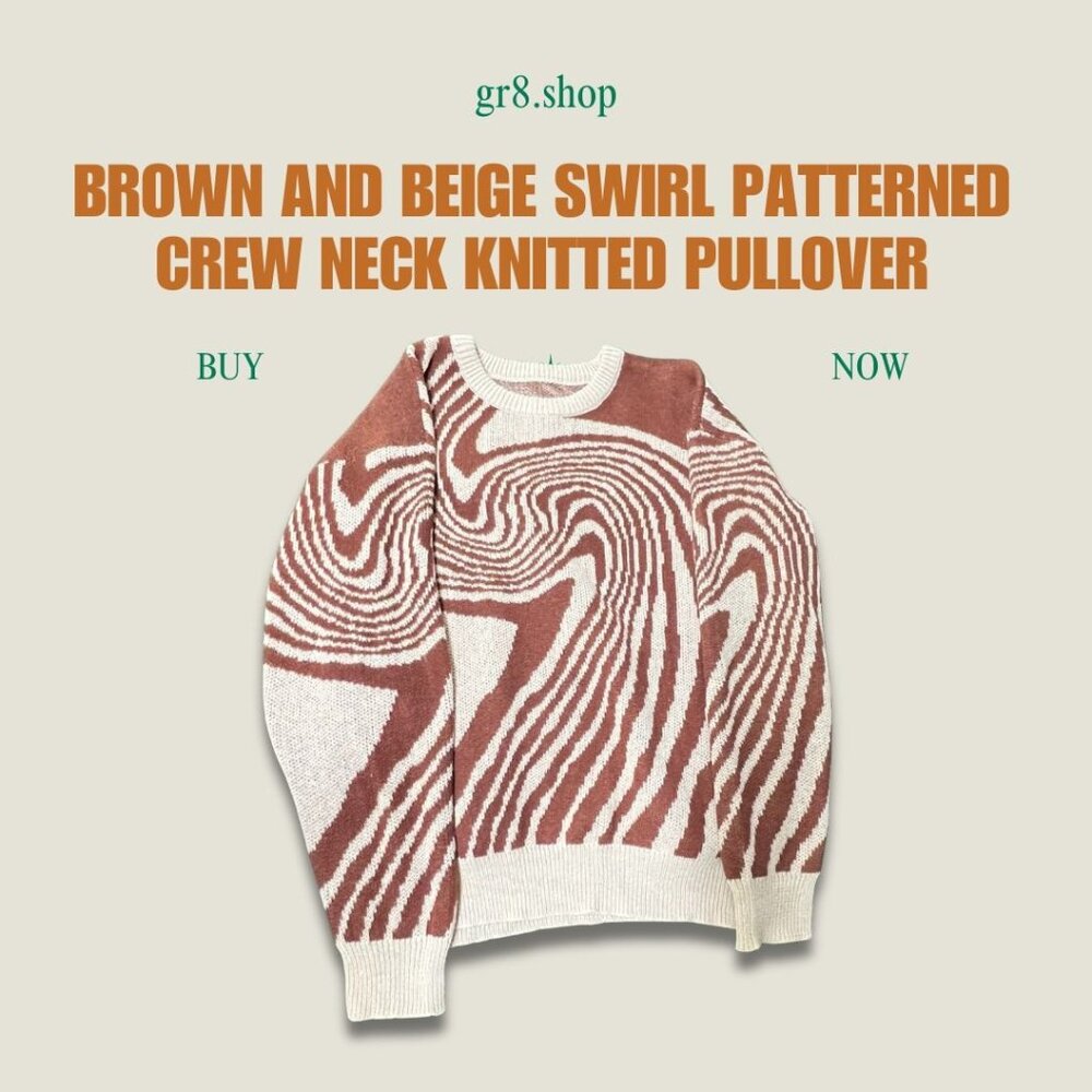 Brown & Beige Swirl Pattern Crew Neck Knit Pullover Sweater Large 100% Polyester